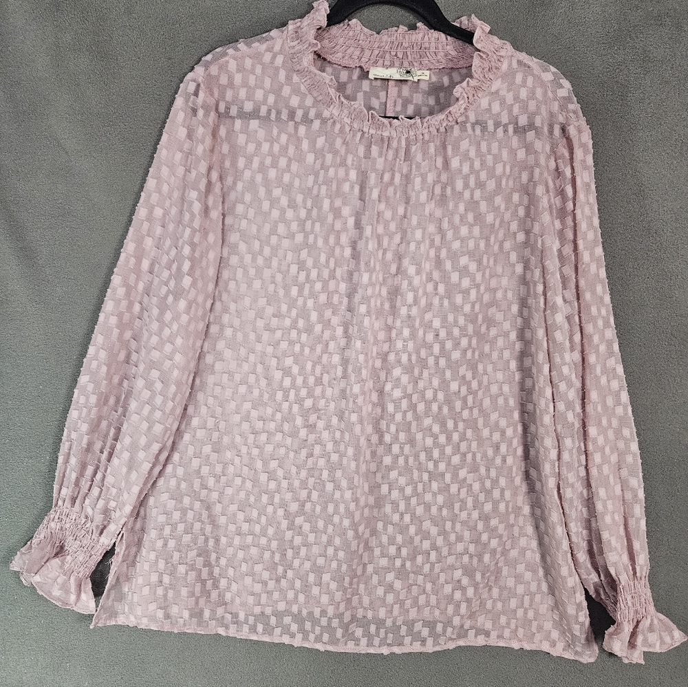 Everleigh Womens Plus 1X Shirt Sheer Mock Ruched Textured Square Croquet Purple